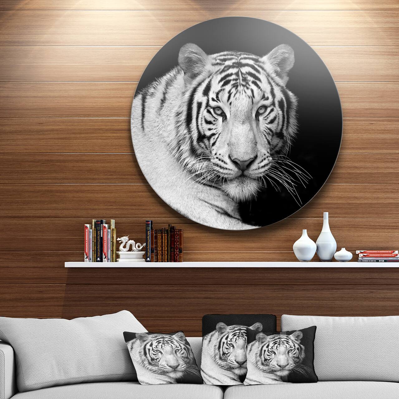 Designart - Staring Bengal White Tiger&#x27; Disc Contemporary Animal Metal Circle Wall Decor